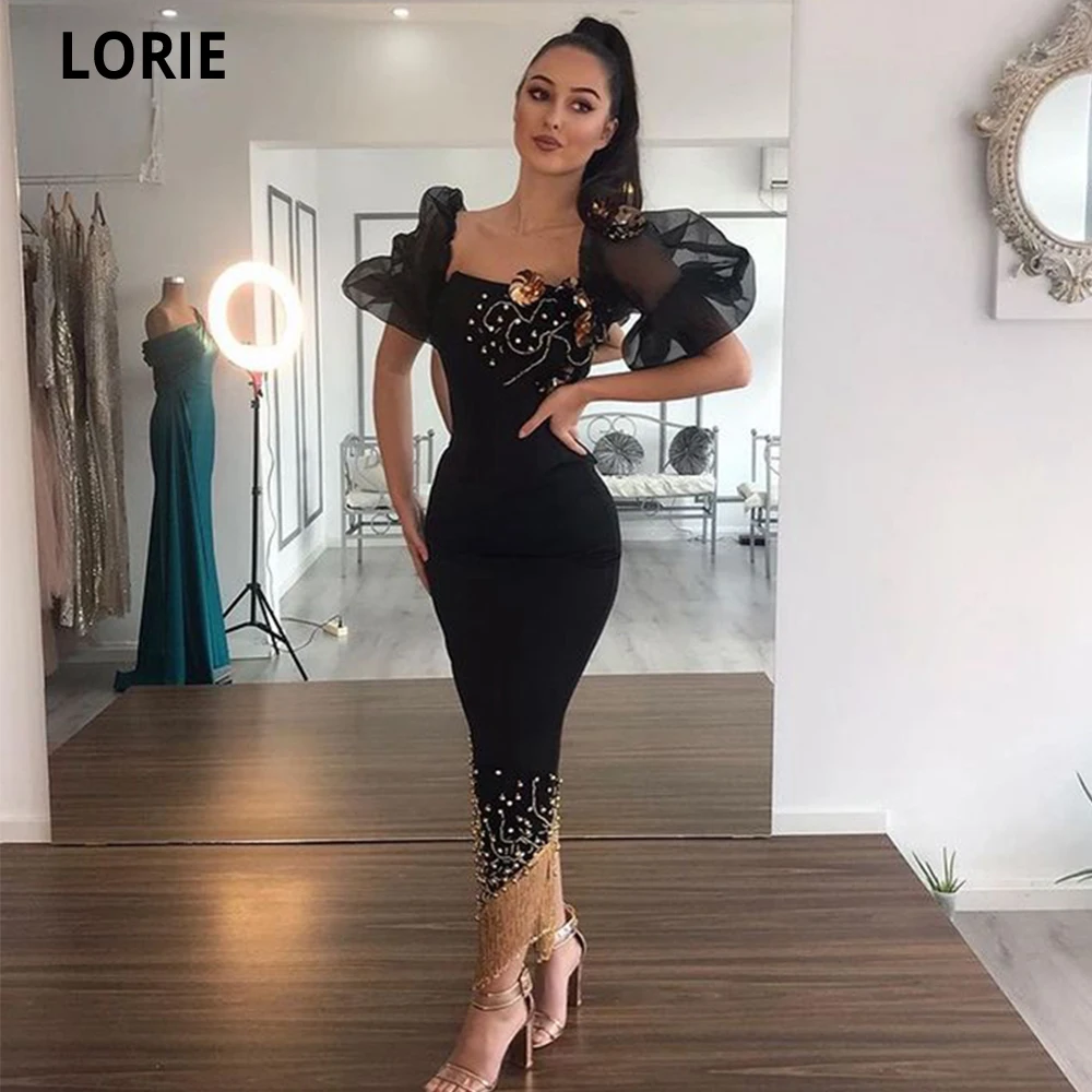 

LORIE Saudi Arabia Mermaid Prom Dresses 2022 Dubai Beaded Formal Prom Party Gowns Short Puff Sleeve Pleats Women's Evening Dress