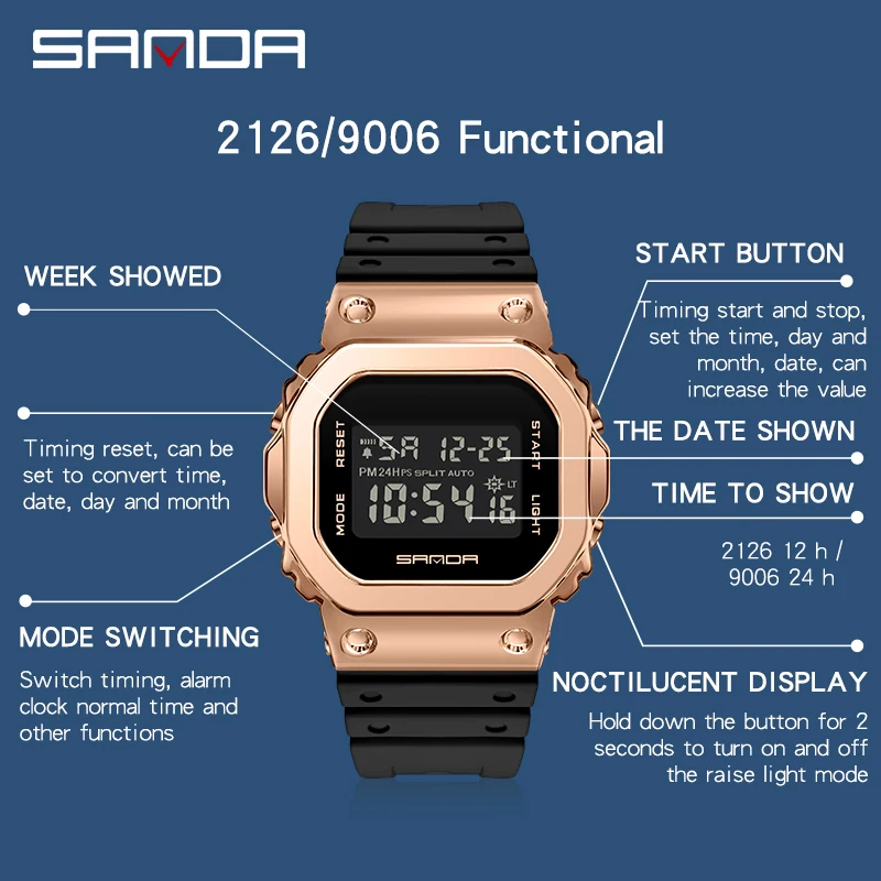 SANDA New Luxury LED Electronic Digital Watch Fashion Casual Women\'s Watches Ladies Clock Male Wristwatch Relogio Feminino 2126