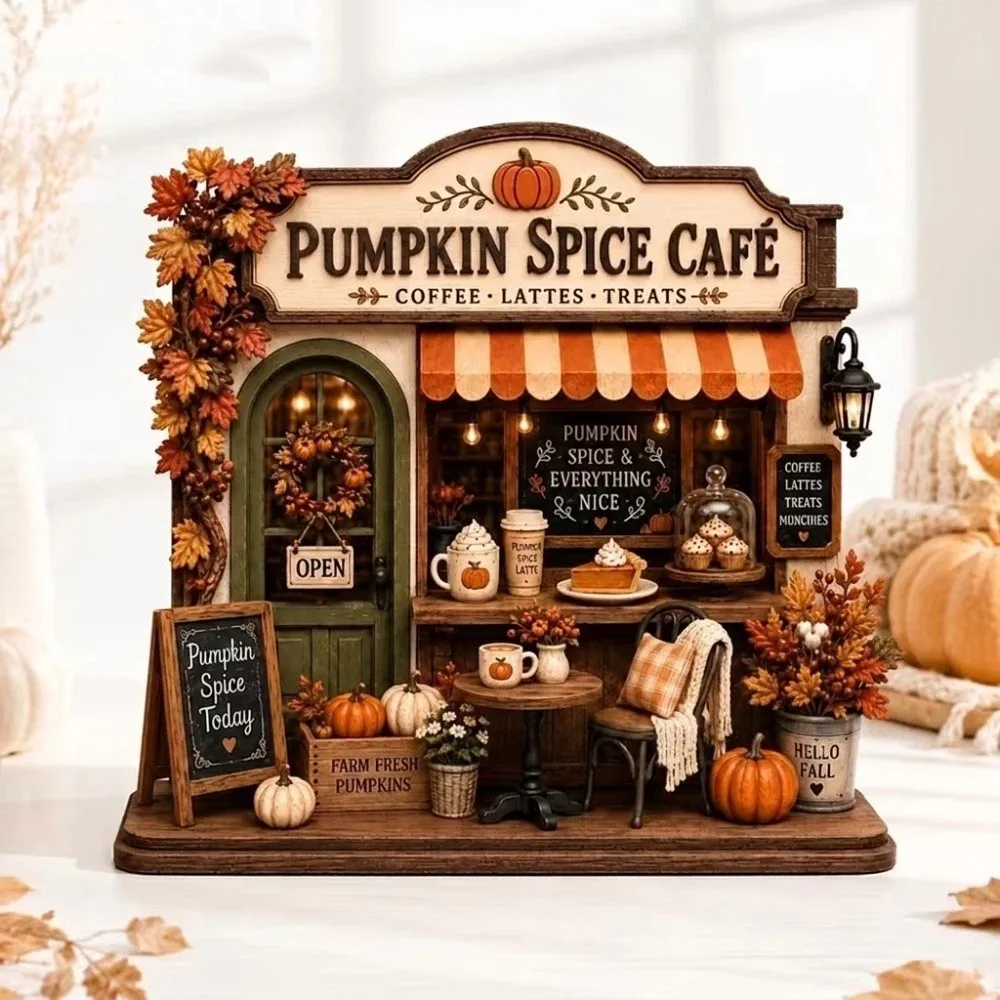 2D Flat Halloween Wooden Shop Ornament Light-Up House Vintage Autumn Pumpkin Cafe Plaque Maple Leaf Hand-Painted