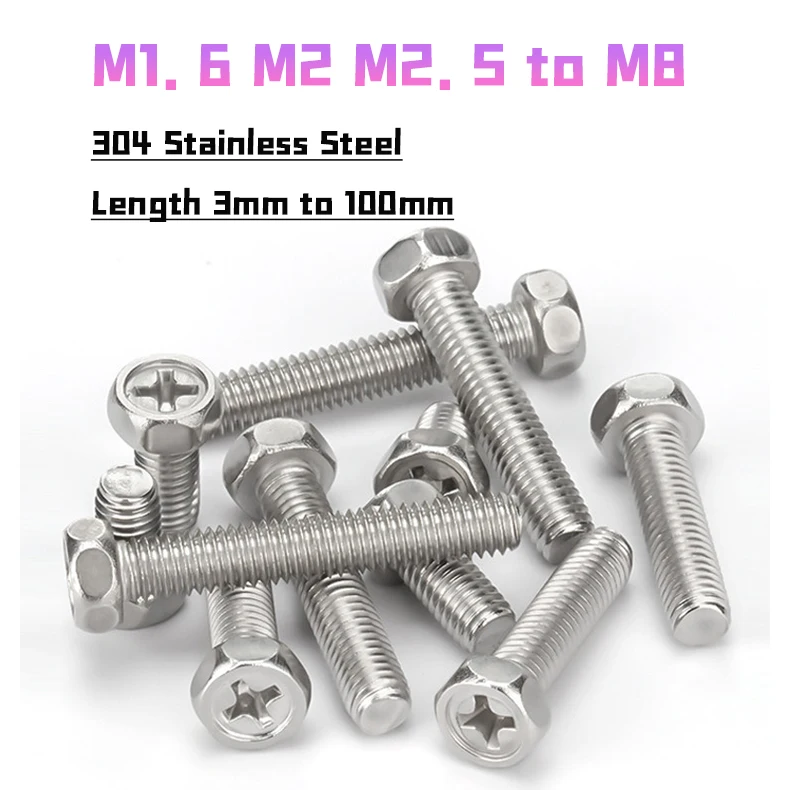 Peijian M1.6 M2 M2.5 M3 M4 M5 M6 M8 304 Stainless Steel L Phillips Recessed External Hex Hexagon Screws Bolt Length 3mm~100mm