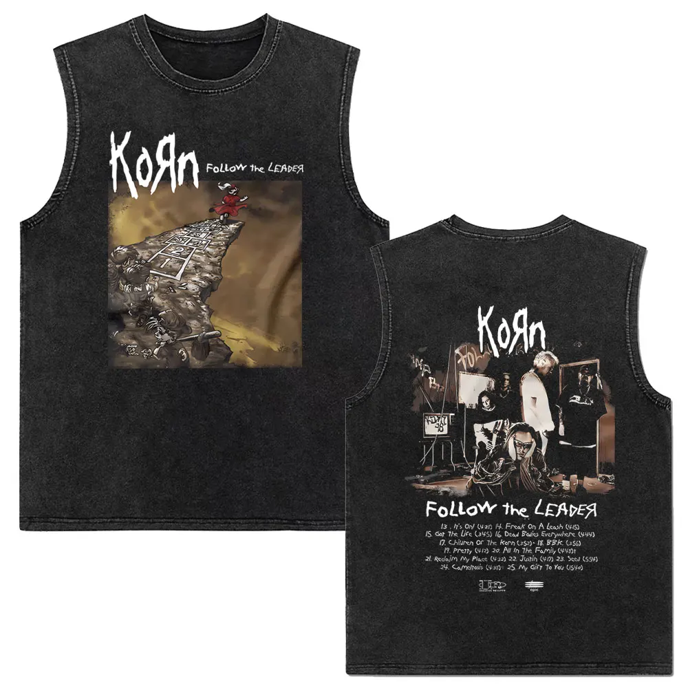 Rock Band Korn Follow The Leader Tour 2014 Vintage Washed Tank Tops Men Women Retro Gothic Metal Sleeveless Vest Casual T-shirt