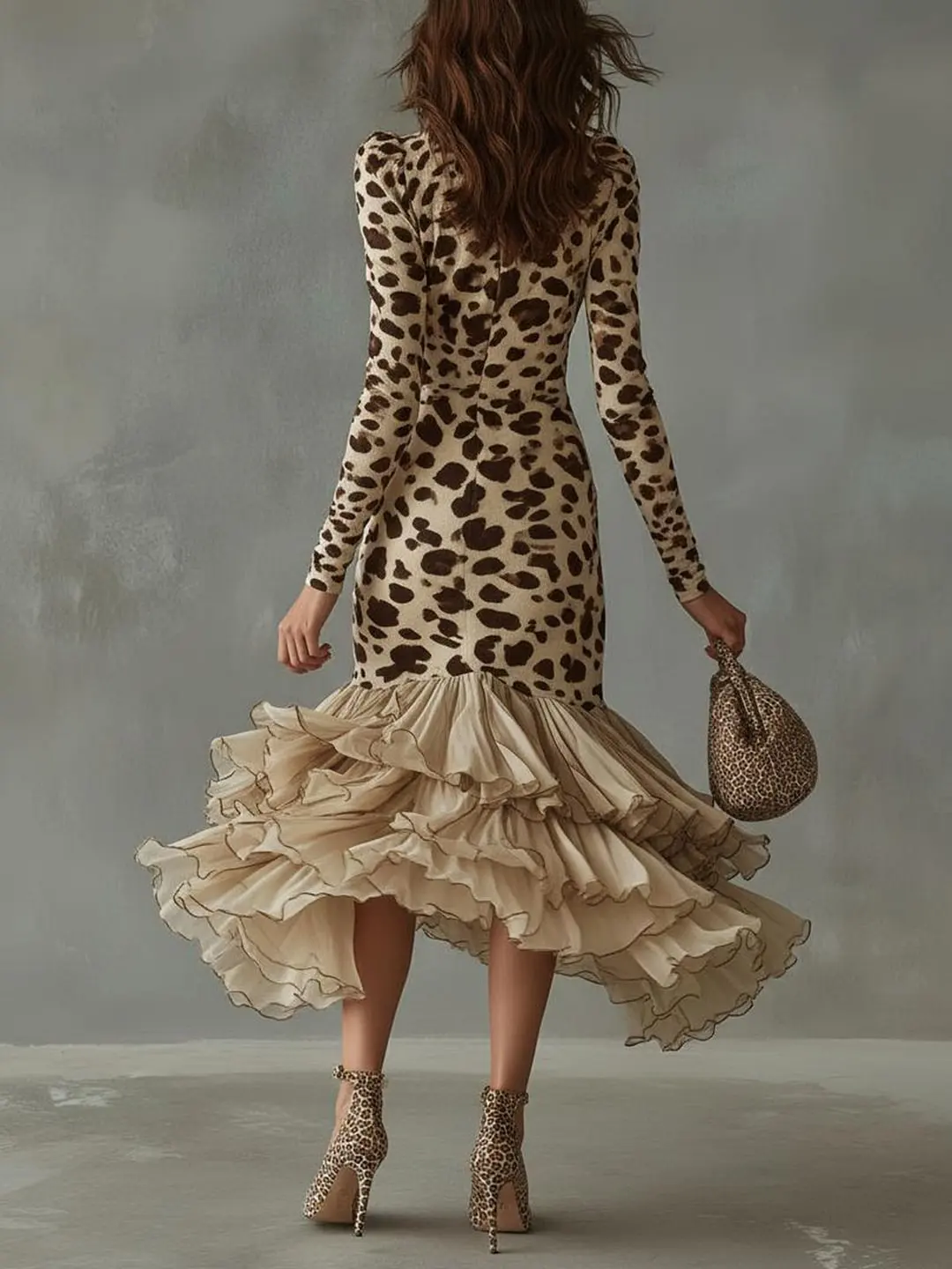 New Dress Leopard Print Splicing Ruffle Dress For Women Fashion Elegant Casual V-neck Bodycon Irregular Hem Dresses Robe Femme