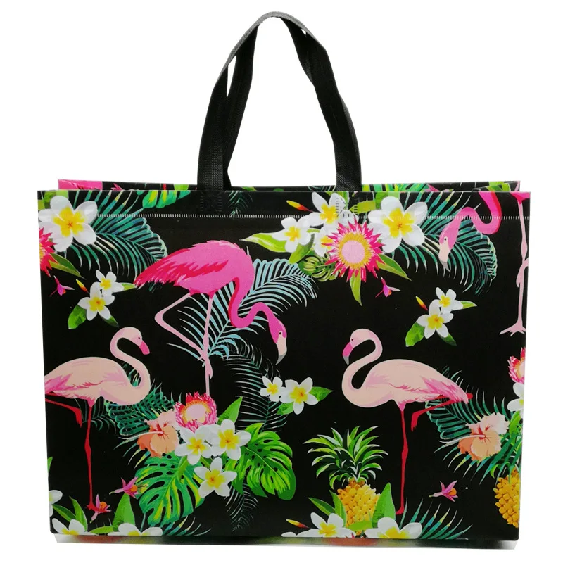 Non-woven Fabric Grocery Shopping Bag Reusable Folding Tote Pouch Travel Flower Flamingo Pink Storage Handbag Foldable Bag