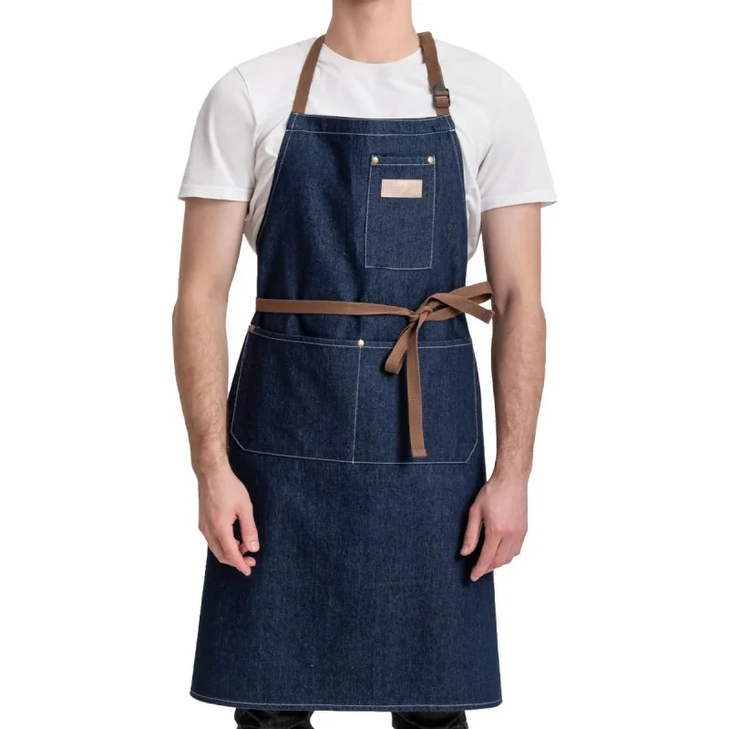 

Denim Work Apron with 3 Pockets Jean Shop Aprons for Chef Hairstylist Kitchen Woodworking for Men Women Blue Black