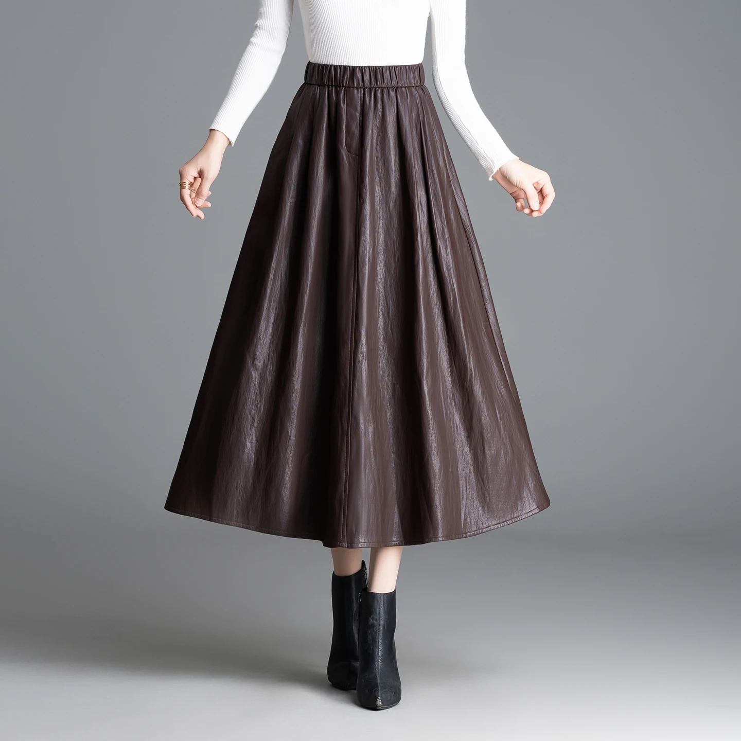 

High Waist PU Leather f Skirt Women's Elastic A-Line Skirt Hip Concealing Slimming Mid-Length Bla Umbrella Skirt