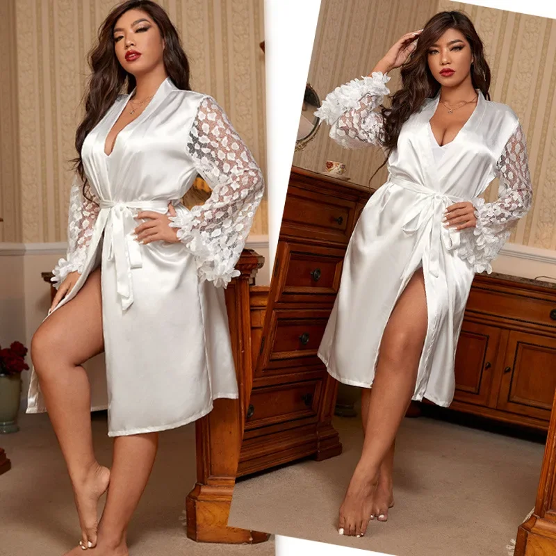 

Big Size Sleepwear Loose Nightgown Bathrobe Silk Pajamas Lace Long Sleeve Sexy Cardigan Robe White Black Loungewear New