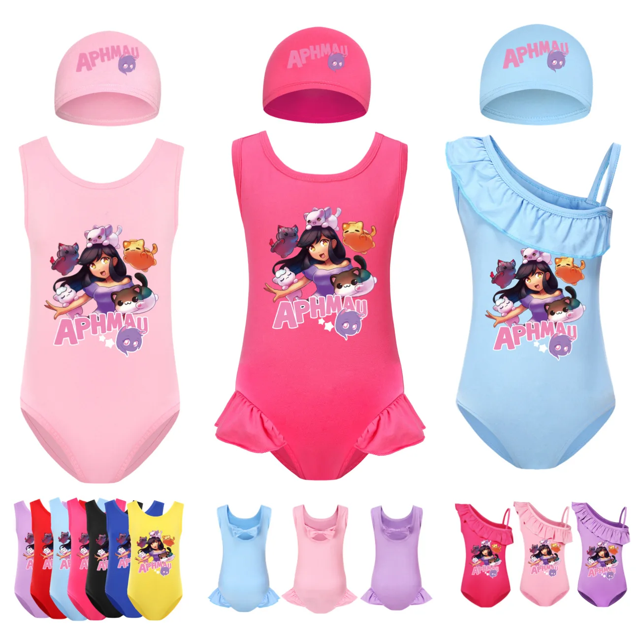 Swimwear APHMAU Kids One Piece Beach Wear Child Baby Cute Backless Swimming Toddler Girls Cartoon Swimsuit+cap 2pcs Sets3316