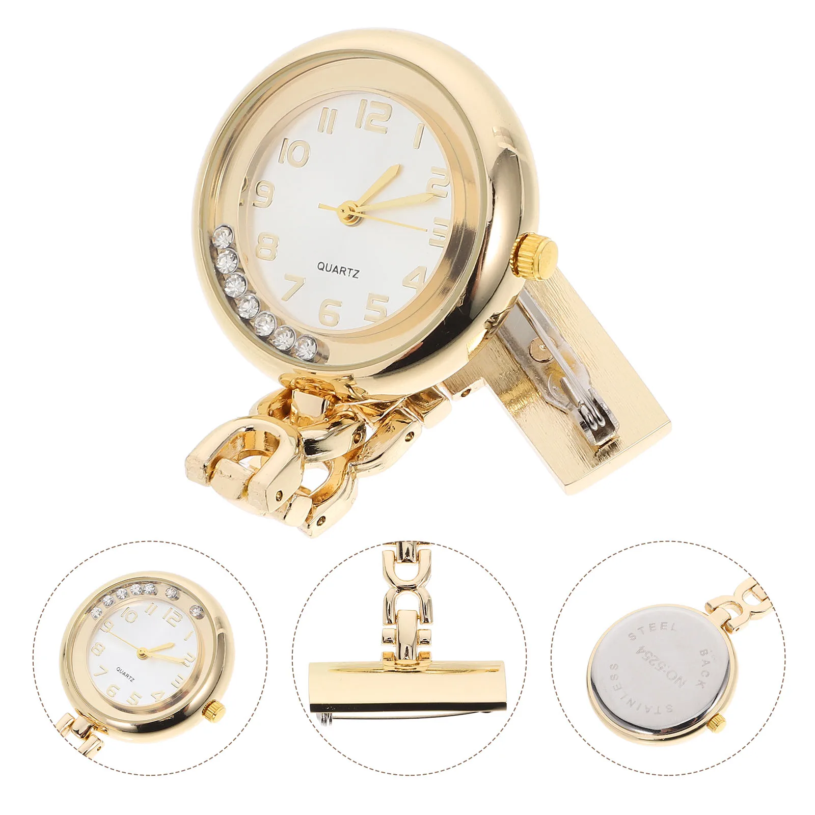 Golden Alloy Rhinestone Nurse Watch Fashionable Lapel Pin Watch Medical Fob Watch For Women Men Pocket Watches Metal Chain