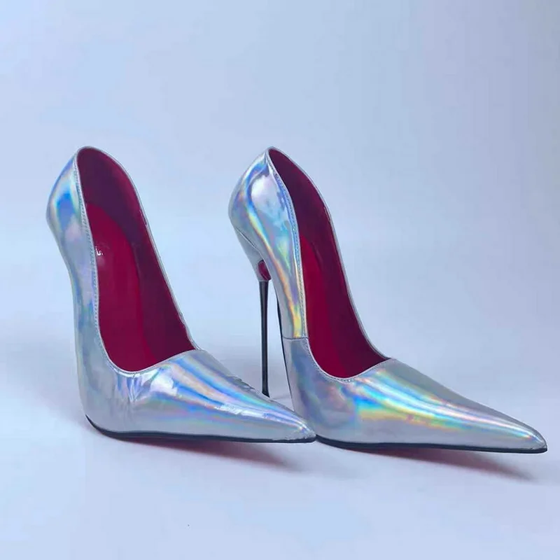 CACA 17cm High Heels,Women Pumps,Long Pointed Toe,Stage Show Shallow Shoes,Colorful Laser Silver,Sexy Patent Leather,Dropship