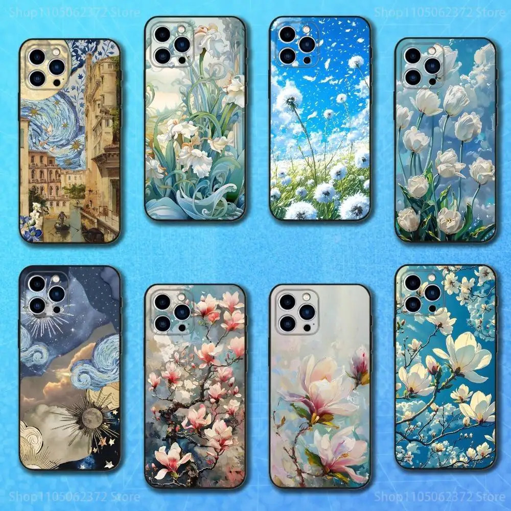 

Botanical Painting Art Phone Case For iPhone 16,15,14,13,12,11 Plus,Pro Max,XS,X,XR,SE,Mini,8,7,Soft Silicone Black Cover