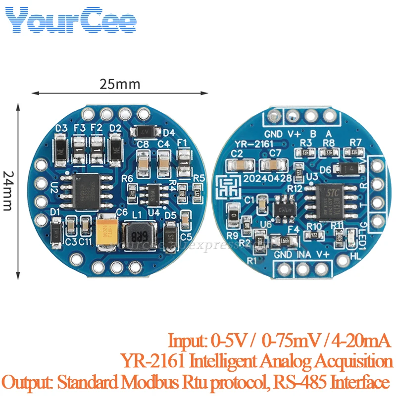 YR-2161 Intelligent Analog Acquisition Module Analog Conversion Board 0-75mV/5V 4-20mA to RS-485 DC9-36V Modbus Rtu Protocol