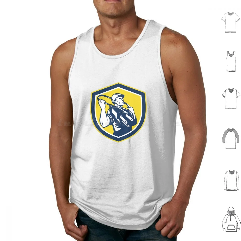 Electrician Holding Electric Plug Shield Retro Tank Tops Print Cotton Electrician Electric Plug Worker Carry Holding