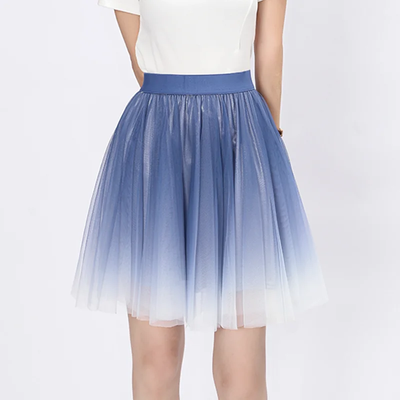 

Gradient Pleated Mesh Tulle Tutu Skirt Women Summer Elastic High Waisted Dance Short Mini Skirt