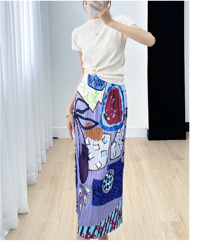 Miyake Style Skirt Women's Fashionable Temperament Versatile Niche Print Slim Slim Pleated Skirt 2024 Summer New Style