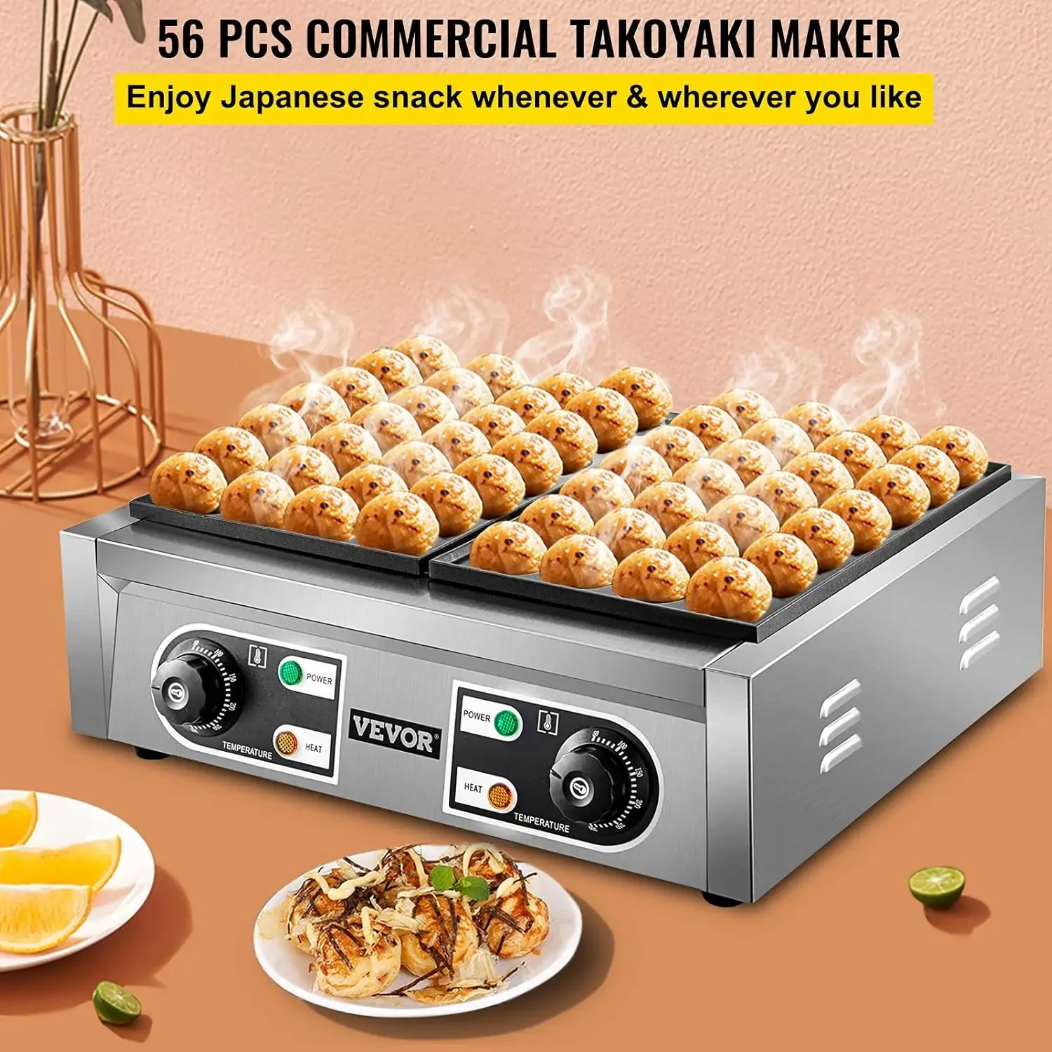 Commercial Takoyaki Maker, 56PCs Japanese Octopus Fish Ball Machine, 2kW Heating Takoyaki Grill Maker