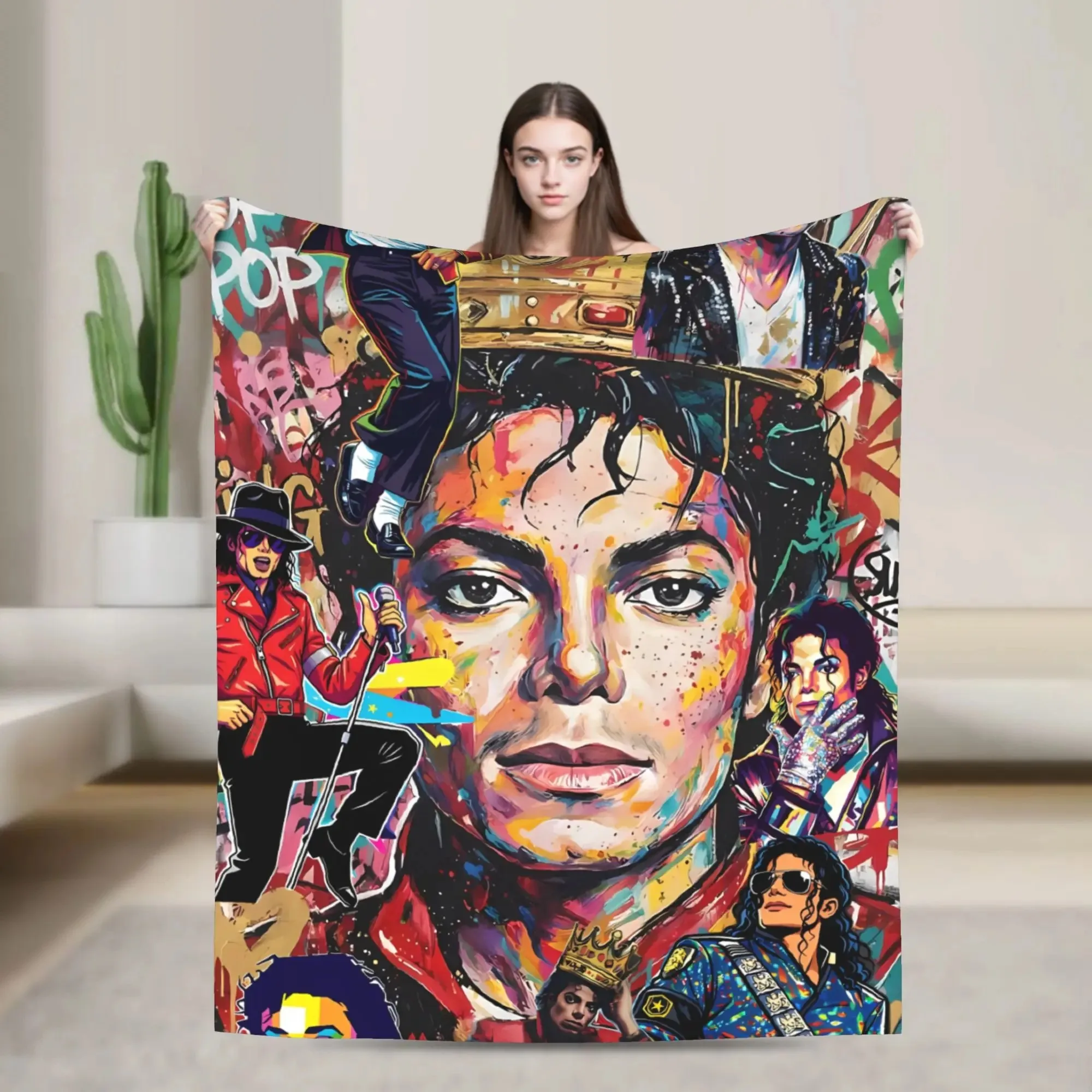 Michael Jackson Pop Star Portrait Flannel Throw Blanket, Sparkly Rhinestone Glove & Golden Signature Print Black Background Soft