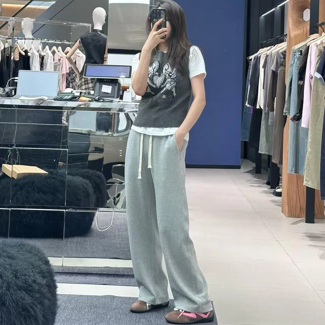 กางเกงขายาวลำลองเอวสูงผ้าบางเบาสำหรับผู้หญิง ทรงตรง สวมใส่สบาย