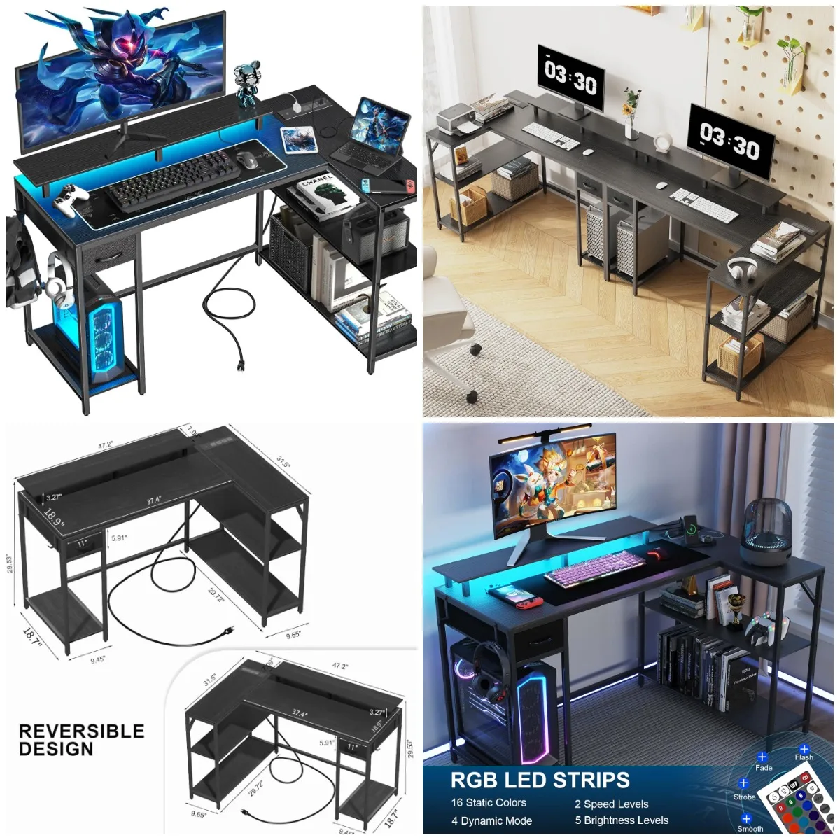 

L-Shaped Gaming Desk 47' with Outlet & LED, Reversible Computer Desk with Shelves, Hooks, Drawer, Black