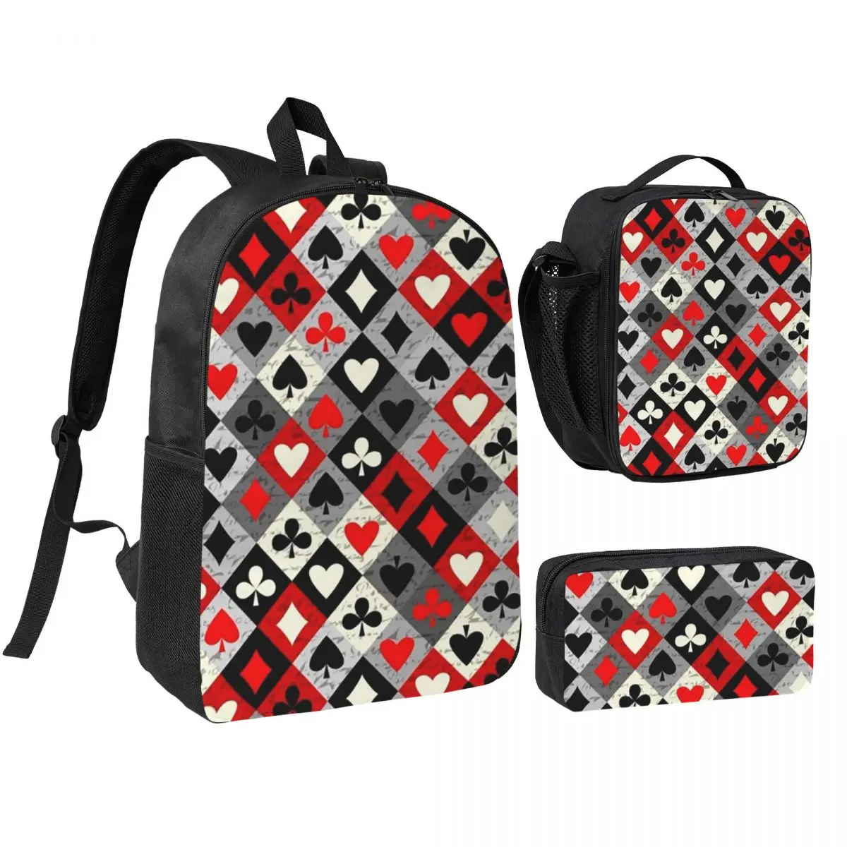 Playing Cards Poker Print Backpack Boys Girls BookBag School Bag Computer Shoulder Bags 3ps Insulated Lunch Bag Pencil Case