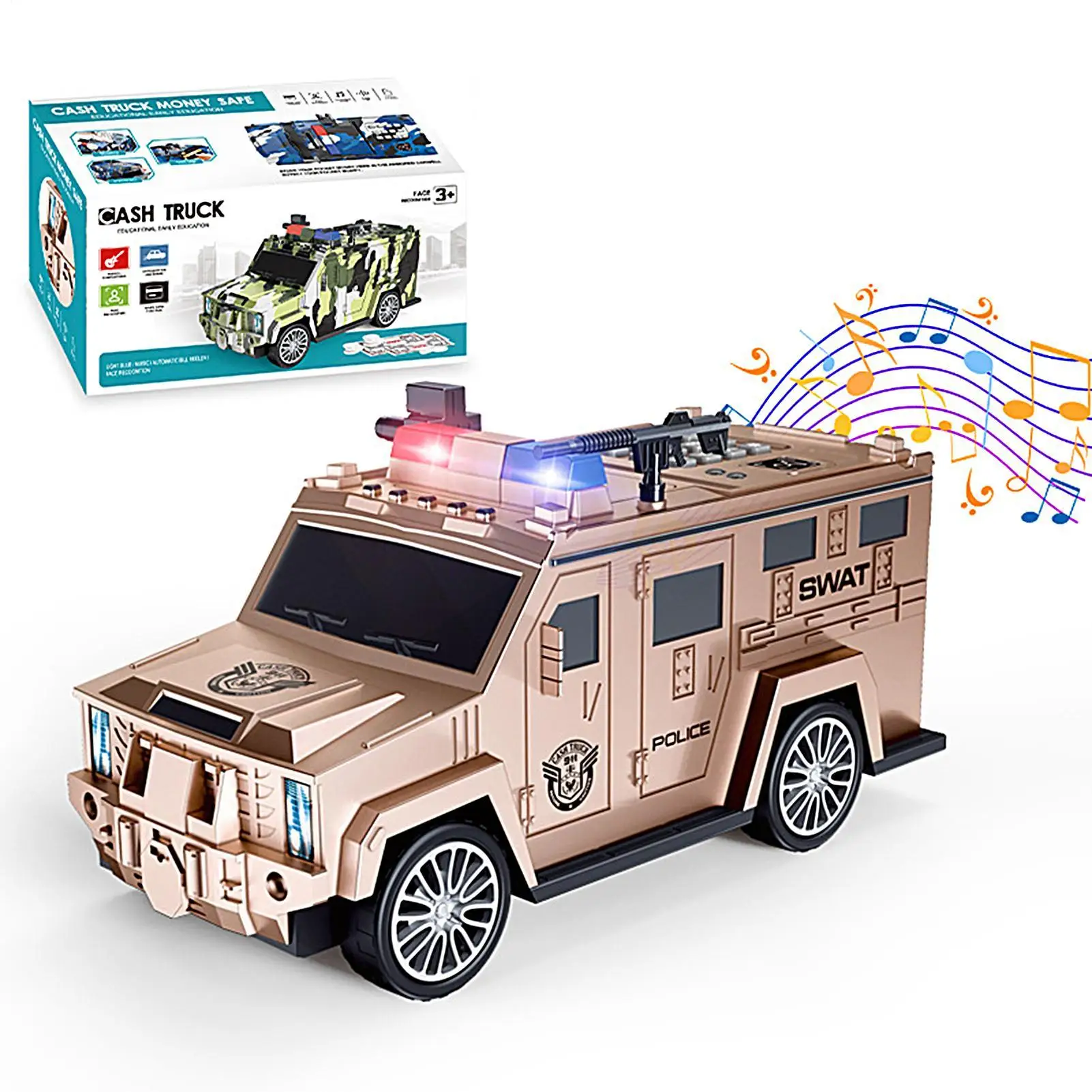 Crianças bloqueadas, polícias seguras e dos desenhos animados, cofrinho de carro, moeda de dinheiro, caixa de poupança de dinheiro com luzes musicais, perfeito para presentes de feriado e brinquedos
