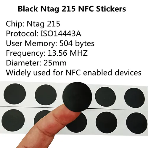 Imagen 2 del producto 10/50/100 Uds RFID NFC Ntg215 bolsas autoadhesivas pegatina negra 13,56 MHz NFC 215 etiquetas adhesivas 504 Bytes NFC automatización Personal