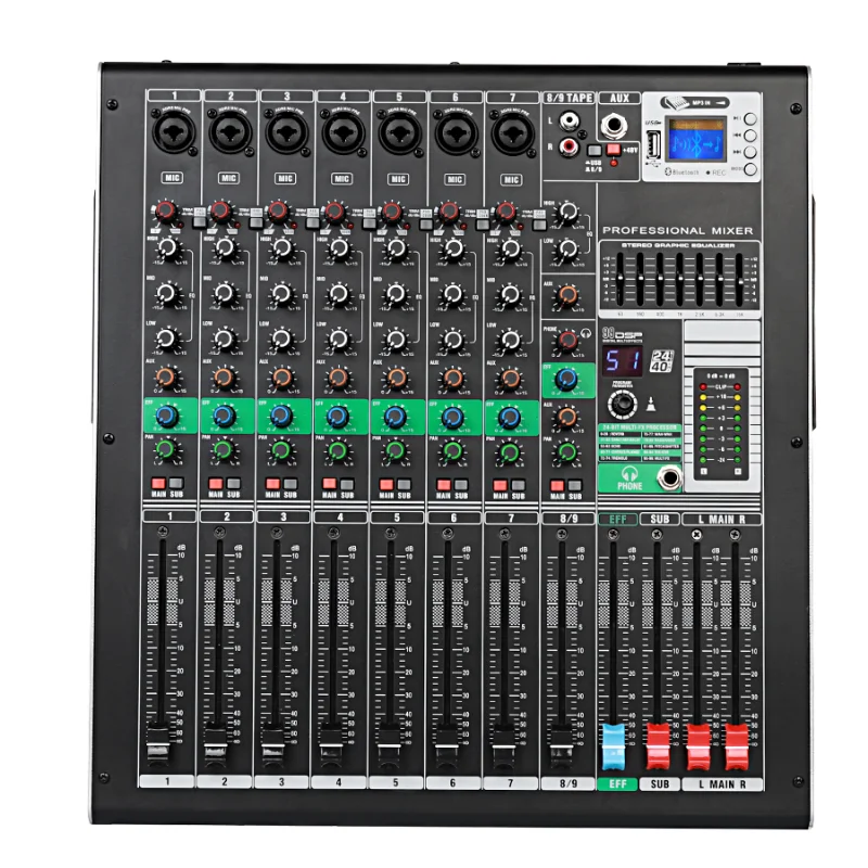 

GM9 Buit-in 99 Types of DSP Effects with Power Amplifier 600W+600W 9 Channels Sound Mixing Console powered audio mixer