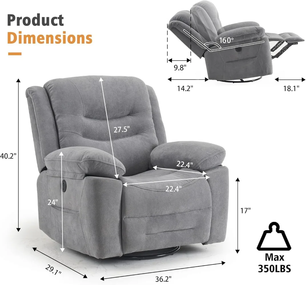 Large Power Swivel Rocker Recliner with Massage and Heat, USB Port, Infinite Position, Overstuffed Electric Glider