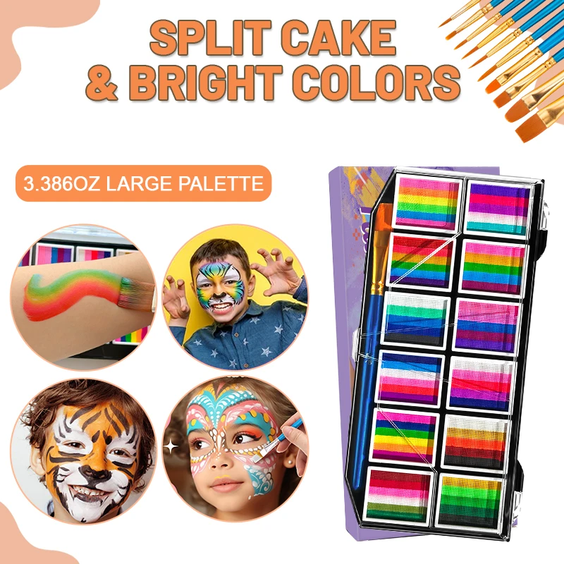 Face body Painting with Brush kit 12 Grids color Water-Soluble Body Art Pigment palette Rainbow & Neon Color for Halloween,Party