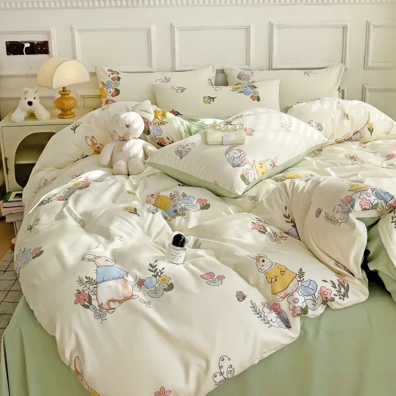 4 buah bunga merah muda Duvet Cover Set Ins Fashion Single Queen anak perempuan laki-laki lembaran bantal datar sarung bantal tanpa pengisi dekorasi rumah BeddingSet