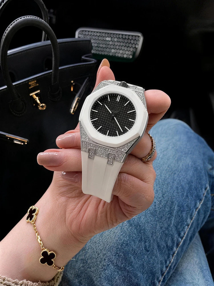 Pasek do zegarka z diamentami i moissanitem do Swatch X AP Royal Pop Pocket, obudowa ze stali nierdzewnej z zestawem silikonowych pasków, pasek zamienny. — zdjęcie produktu 7