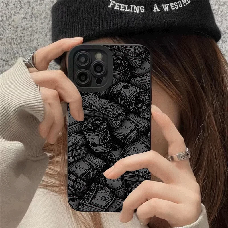 Banknotes Pattern Bill Black Mobile Phone Case Cover for iPhone 11 12 13 14 15 Pro Max Xs XR Max Gift for Men Boyfriend Girls