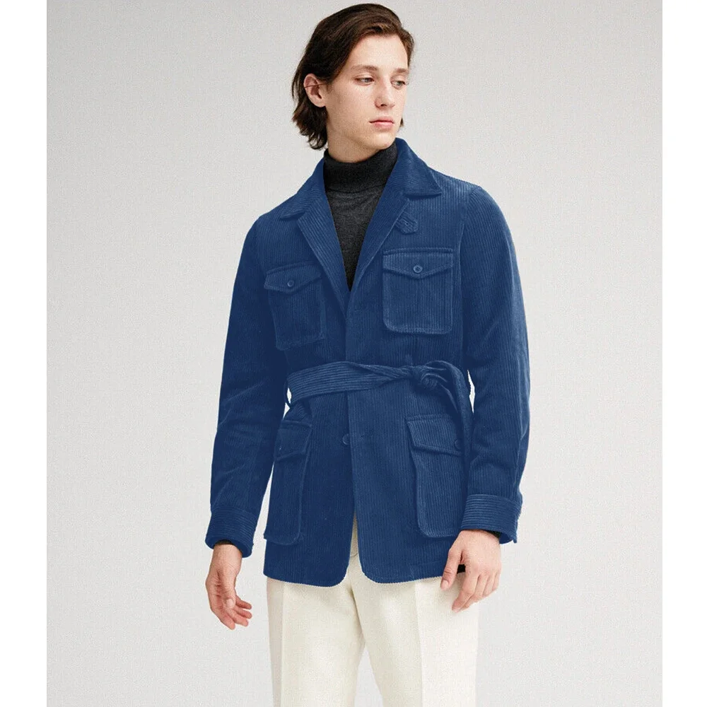 Only Jacket 1 PCS 2024 New Men's Corduroy Hunting Design Belt Comfortable Suede Casual Suit Single Breasted Pocket Slim Fashion image 5