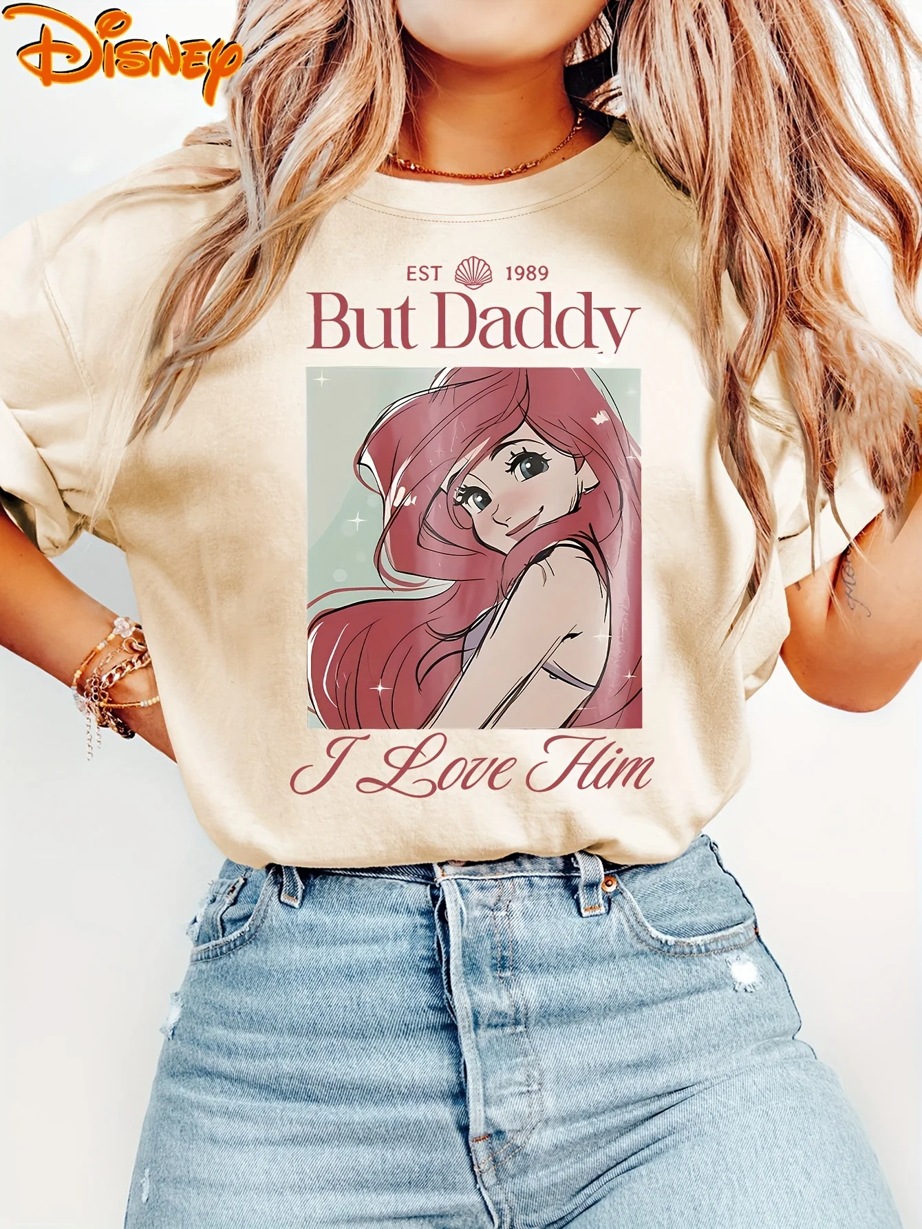 تي شيرت نسائي من Disney For Ariel Princess Little Mermaid But Daddy I Love Him برسومات كاجوال بأكمام قصيرة ورقبة دائرية ناعمة