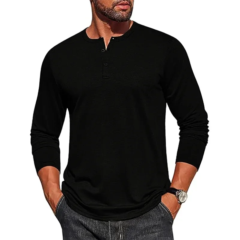 Herbst Herren Langarm Henley Shirts Baumwolle 3-Taste Frühling Casual T-Shirts Einfarbig Weiche Basic Tops Tees