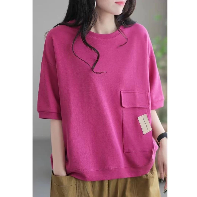 Women Trendy Simple Casual Streetwear Y2K Pocket Cotton T-shirt 2024 Summer Solid O Neck Short Sleeve Loose Tops Ropa De Mujer