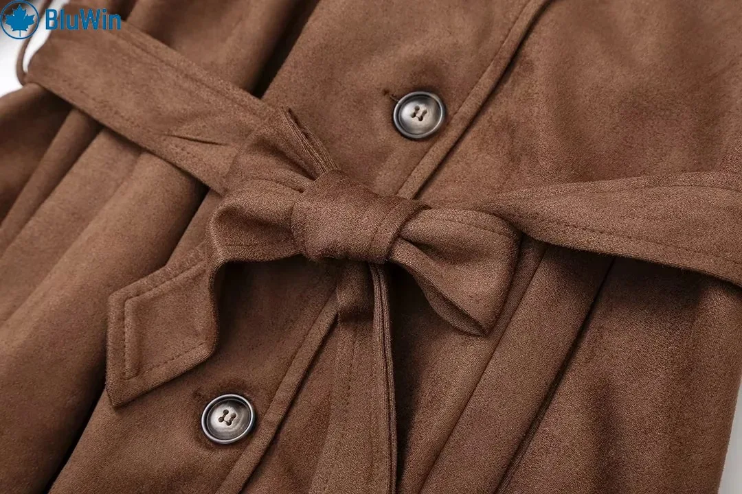 URBANCHIC Vintage-Trenchcoat für Damen – zweireihiger langer Mantel mit Gürtel, entspannte Passform, Herbst-Winter-Mantel