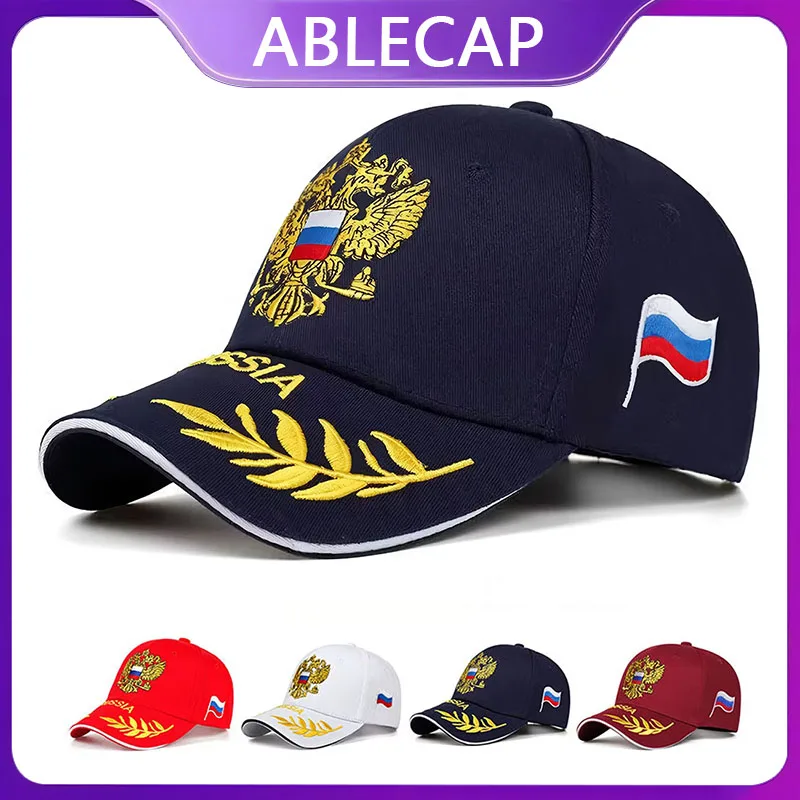 ABLECAP Russian Double Headed Eagle Embroidered Baseball Cap  Cotton Navy Blue Adjustable Dad Hat With White Brim For Men Women