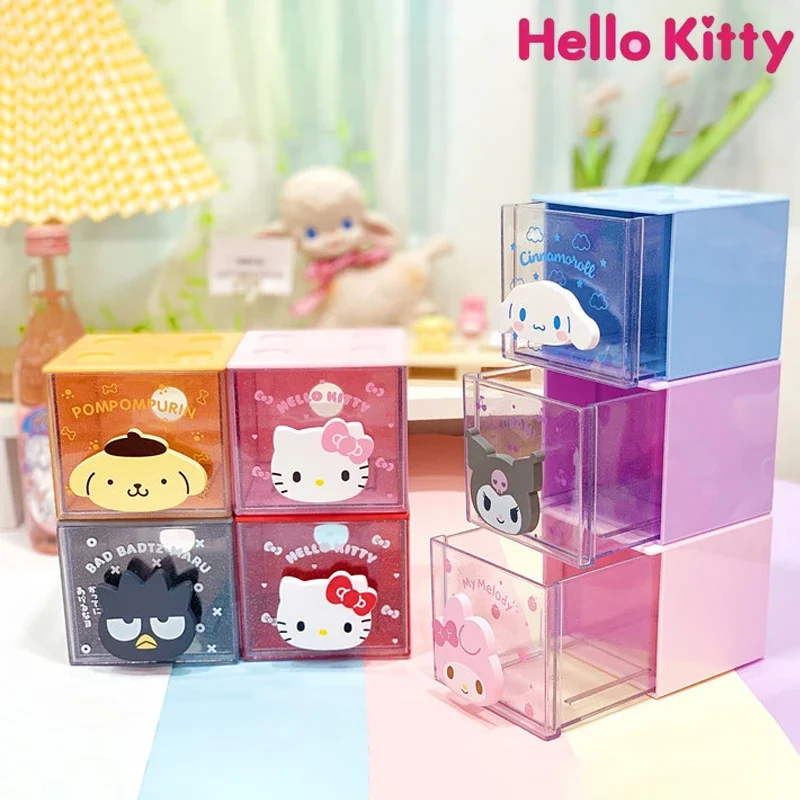 Hello Kitty Mini Desktop Storage Box My Melody Kuromi Creative Drawer Organizer Box Makeup Box Home Decoration Keys Storage Bins