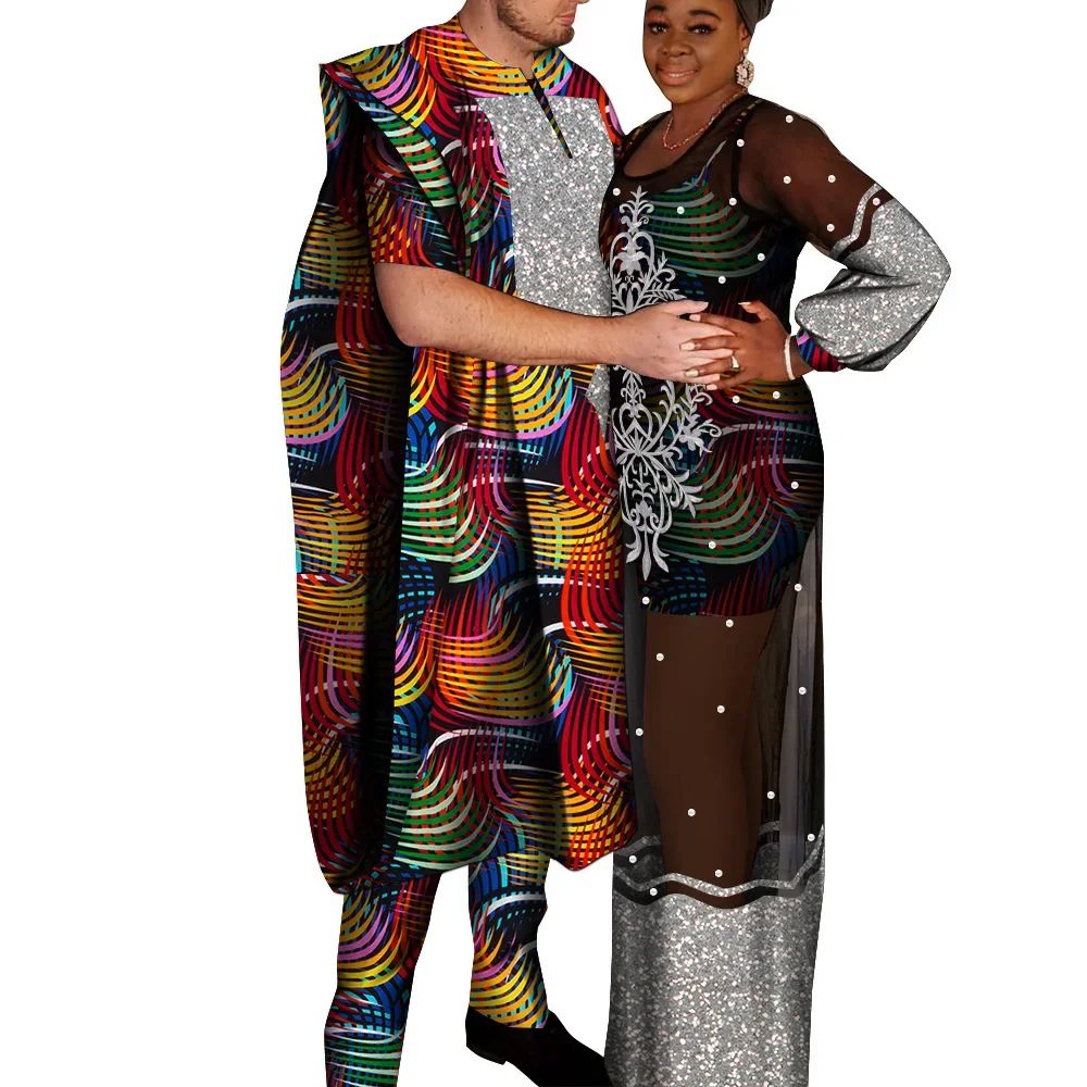 Traditional African Clothing Set for Couple Matching Outfits African Boubous Dashiki Men Robe Suits Women Dresses Wyq806