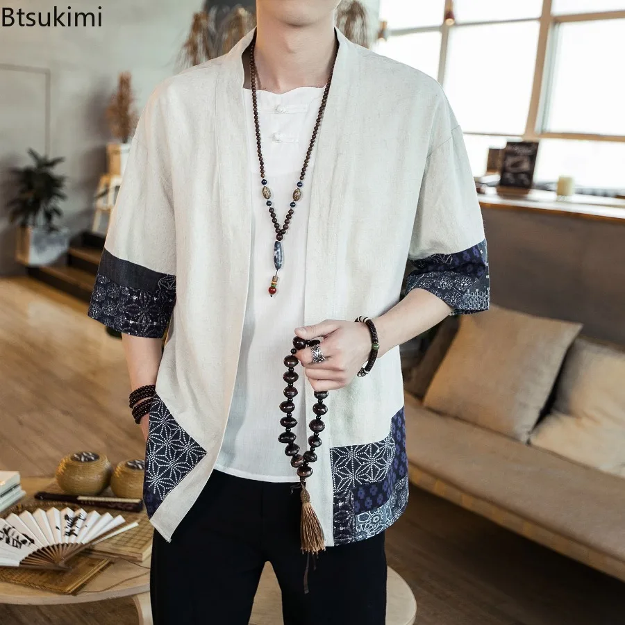 

2025 Men's Hanfu Ancient Style Open Collar Loose Cotton and Linen Windbreaker Jacket 3/4 Sleeves Open Casual Summer Shirt Jacket