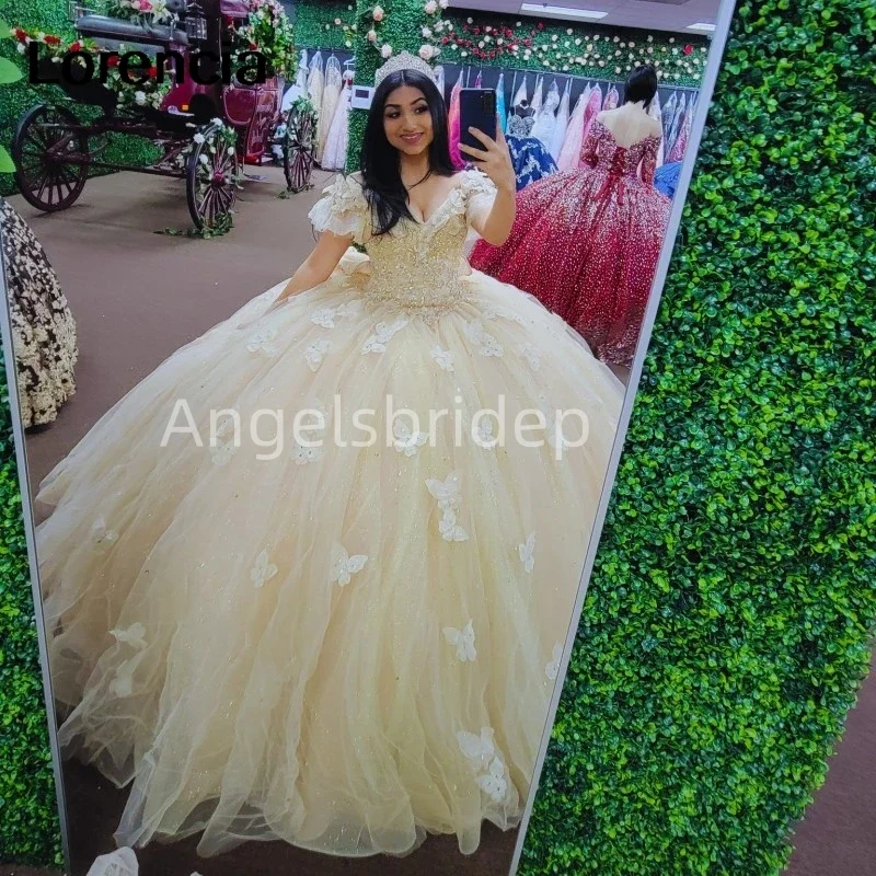 Angelsbride gaun pesta putri chamapne 15 tahun gaun Quinceanera dengan 3D kupu-kupu pesta ulang tahun Vestidos De 15 a00os