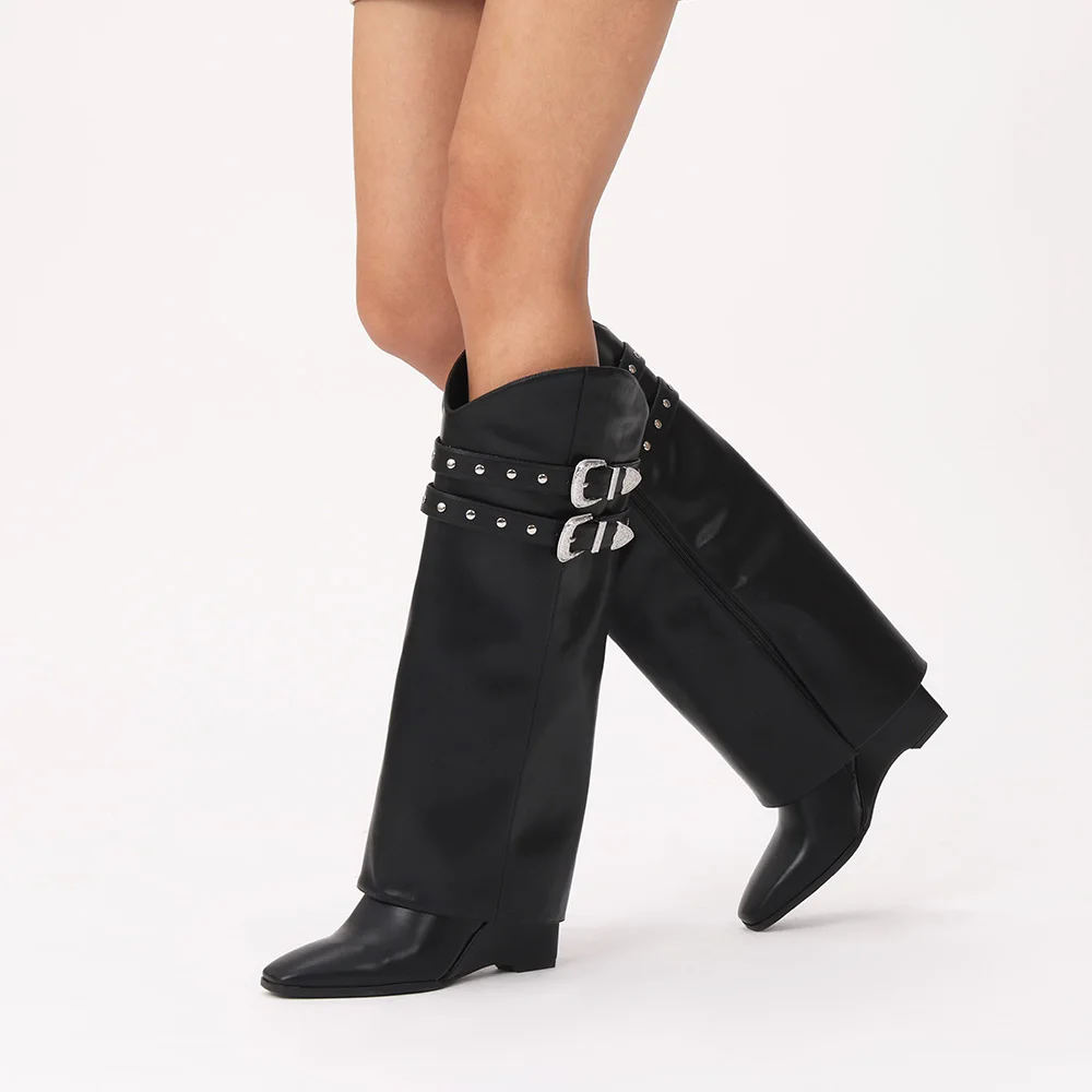 Sexy Square Toe Stiletto Knee-High Boots for Women: Metal Decorated Half Boots – Perfect for Parties, Weddings & Catwalks