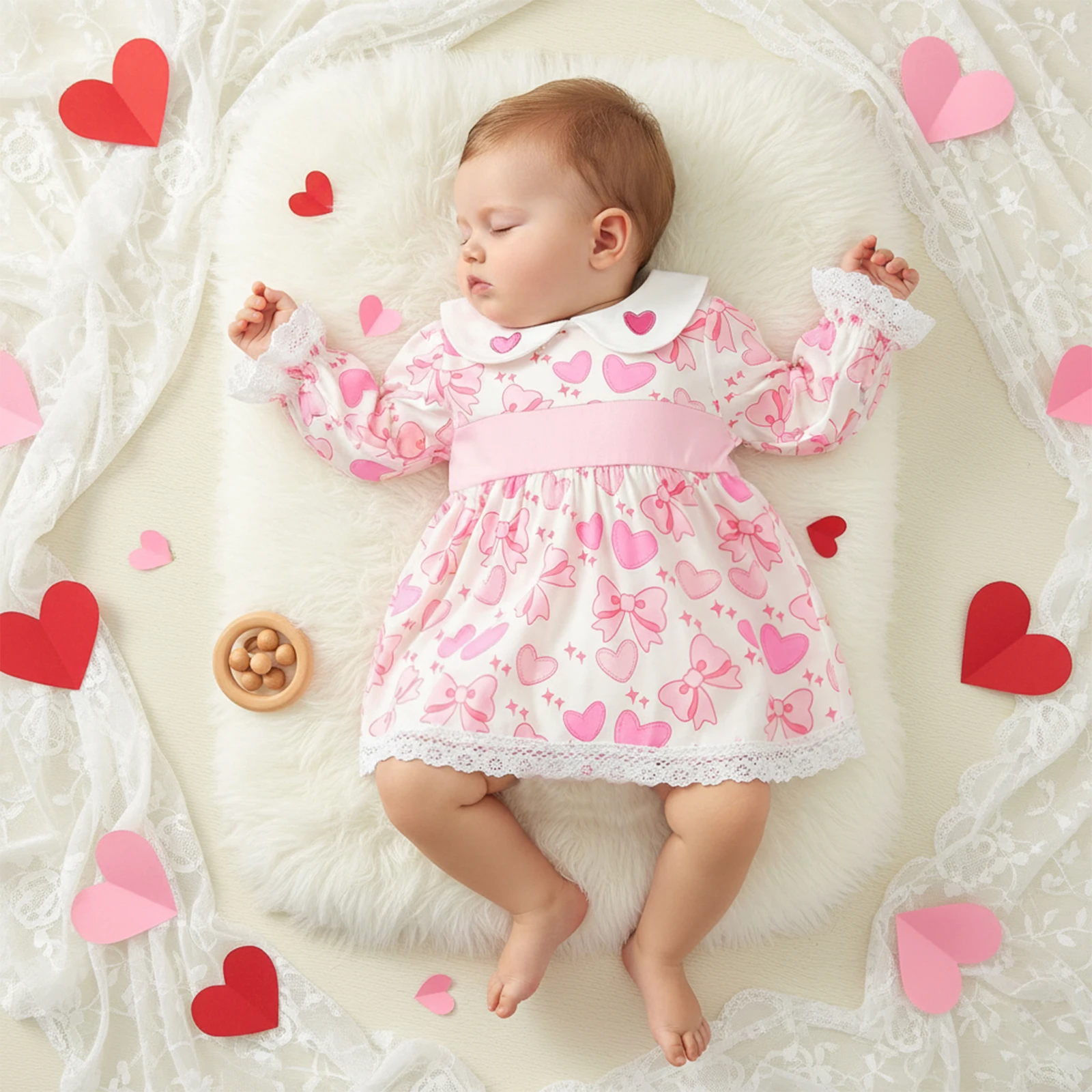 

Baby Girl A Line Dress Heart Bow Print Long Sleeves Doll Collar Dress Streetwear