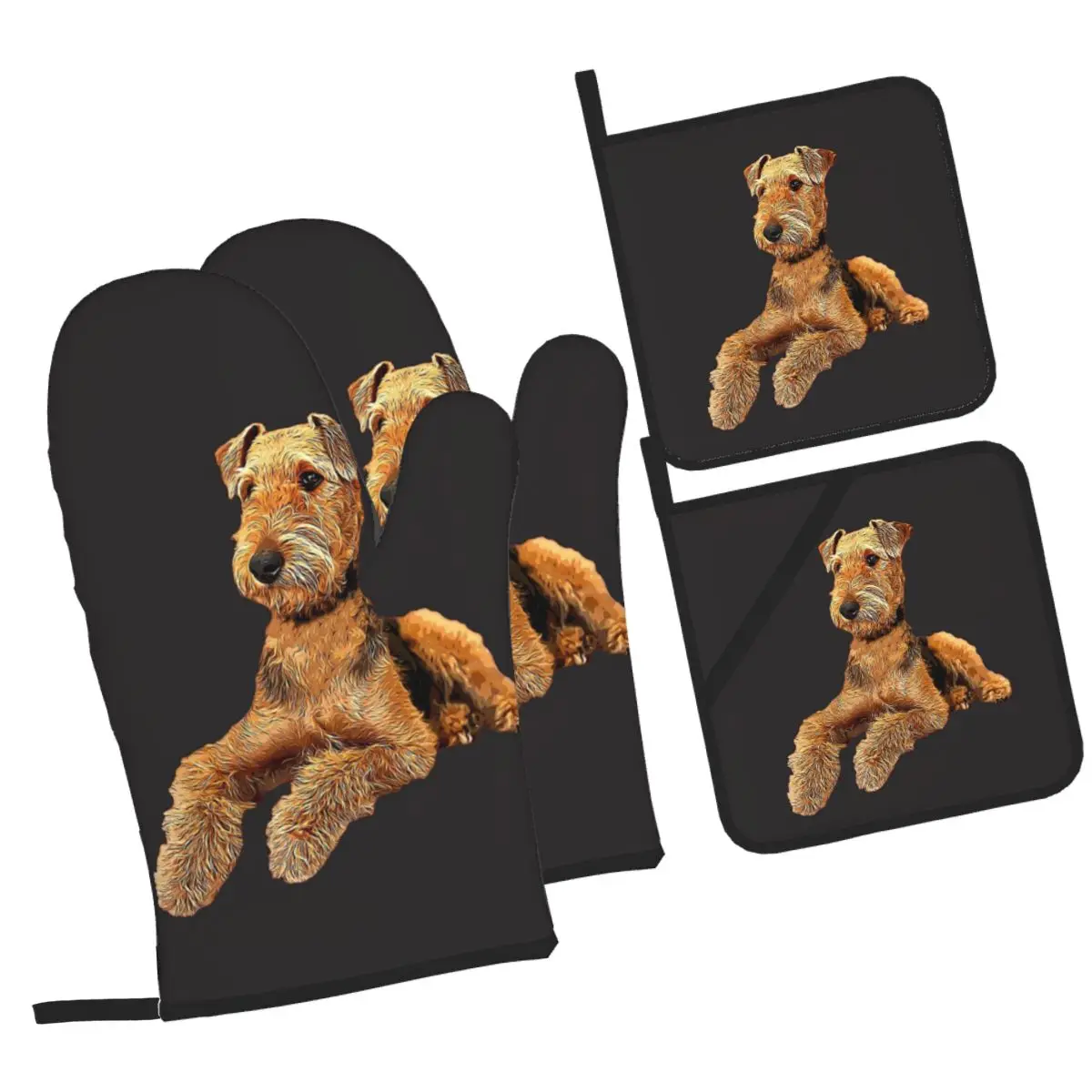 

Красивые рукавицы для духовки и держатель для кастрюли Airedale Terrier, наборы из 4 нескользящих перчаток для выпечки, кухни, приготовления пищи, барбекю