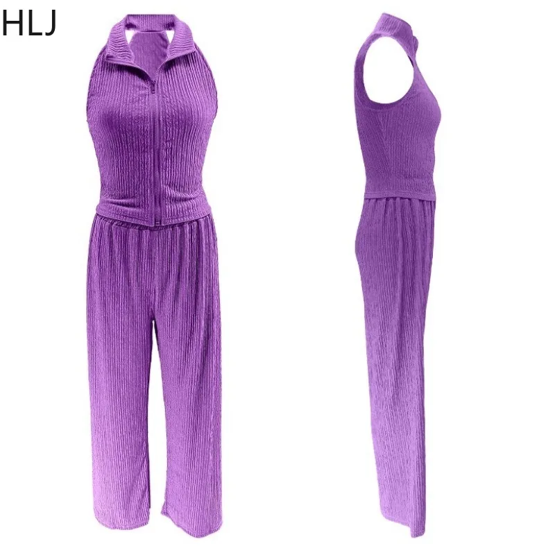 HLJ ฤดูร้อนใหม่ Elegant 2 ชิ้นชุดผู้หญิงชุดซิปเสื้อแขนกุดและกางเกงขากว้างชุดหญิงแฟชั่น Streetwear