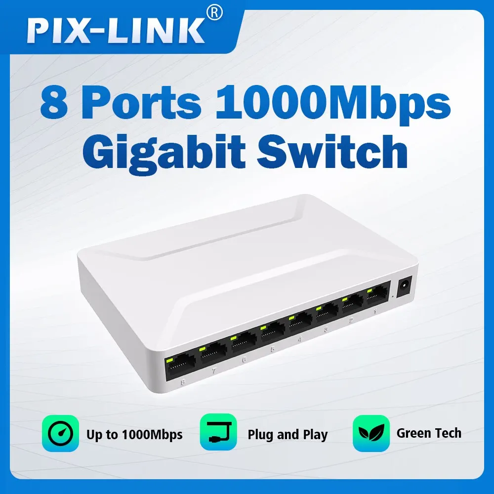 PIX-LINK GS08 Network Switch 8 Ports 10/100/1000Mbps Ethernet Gigabit Switcher High Performance RJ45 Lan Internet Splitter