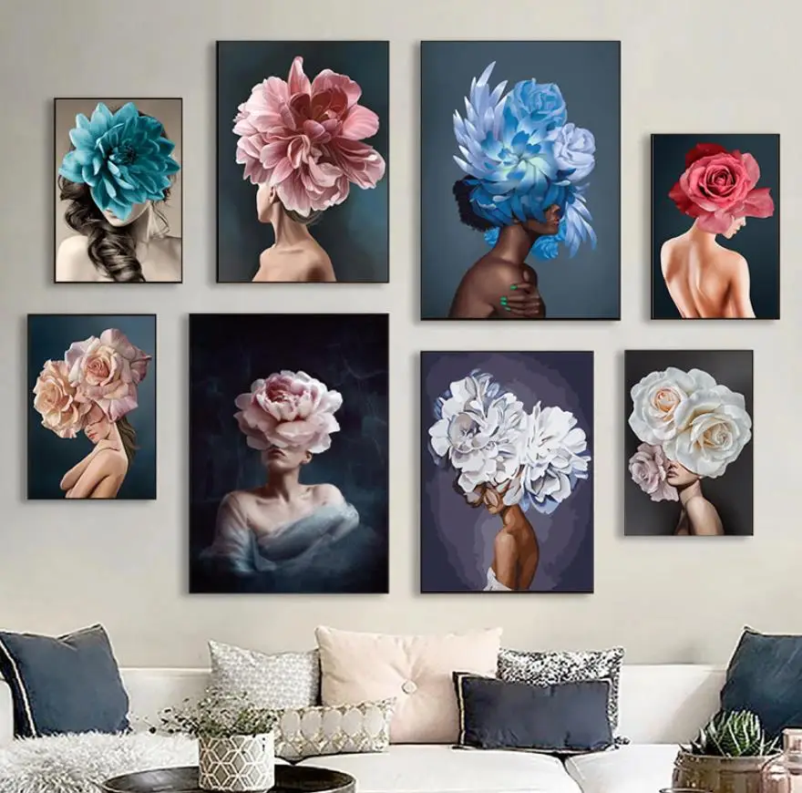 Peony flower feather girl sexy wall art canvas art painting Nordic poster printing living room home decoration painting poster