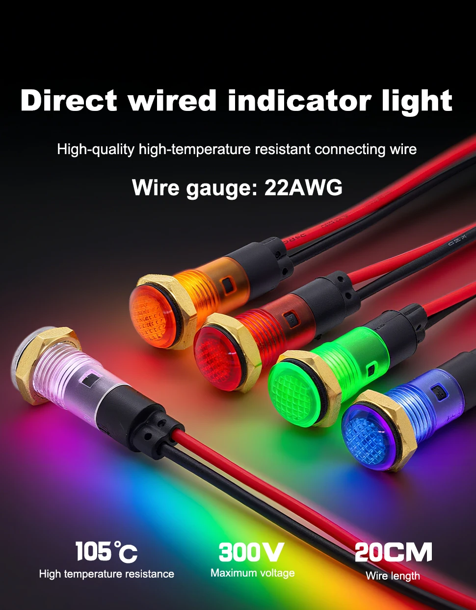 FILN 5 Stück 8mm Anzeigelampen, leicht, korrosionsbeständig und isoliert, mit 20cm Kabel für gewerbliche Küchen, Rot, Grün – Detail 5