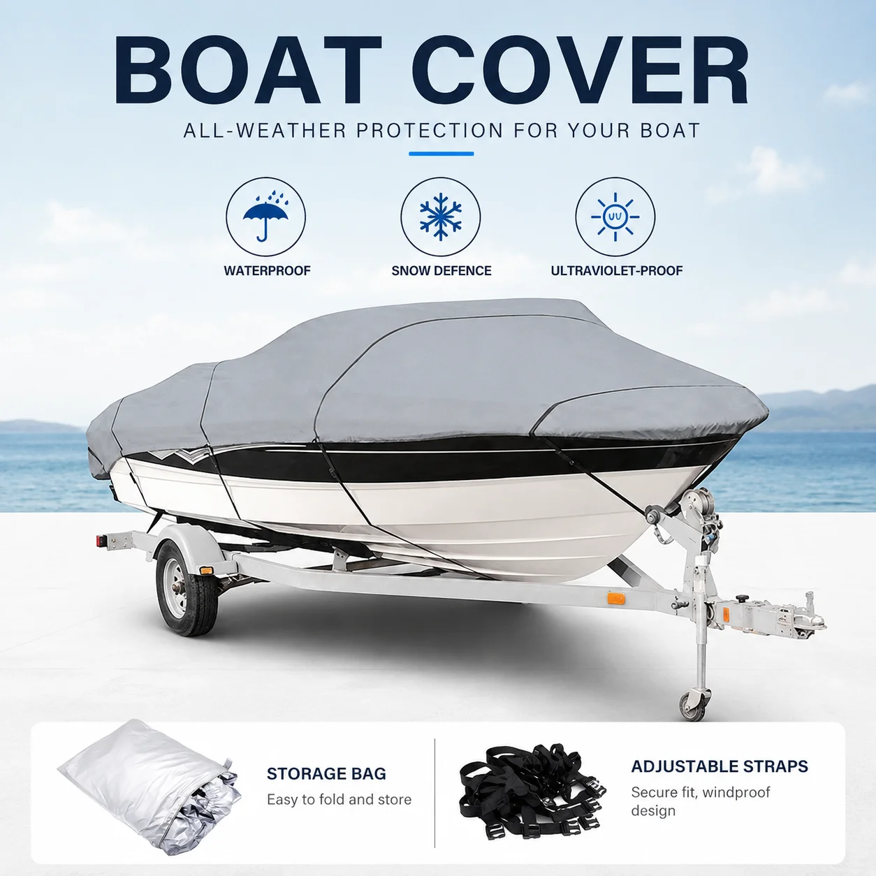 Silver Reflective Boat Cover 11‑22FT Marine Grade Waterproof Tear‑Proof All‑Weather Protection For Yacht With Adjustable Straps