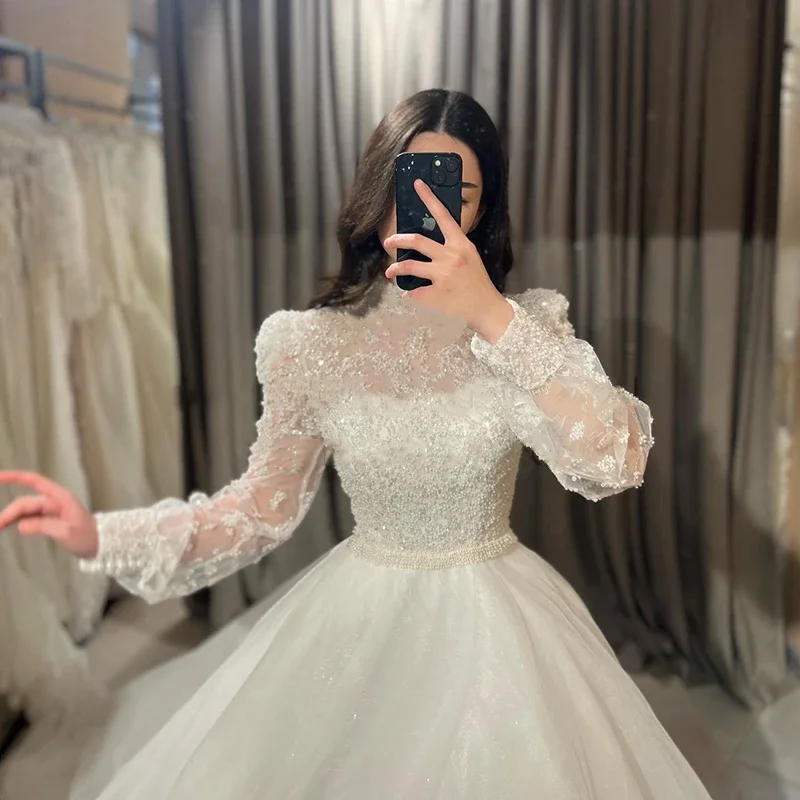 우아한 하이 칼라 반짝이 공주 웨딩 원피스, 보헤미안 해변, 긴 소매 신부 원피스, 맞춤 제작, 2025